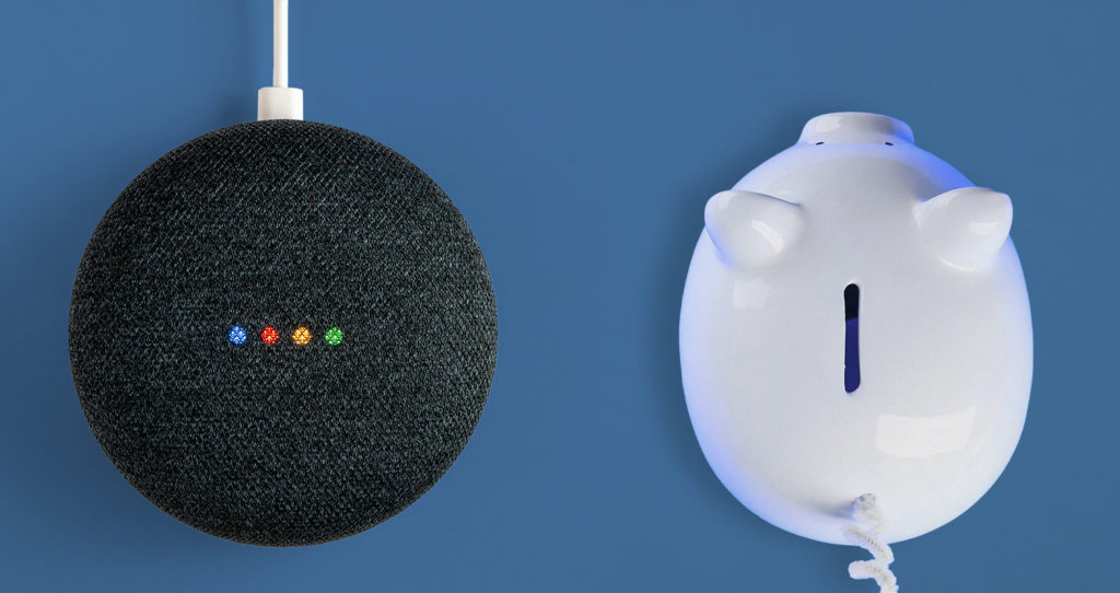 A smart speaker and a piggy bank