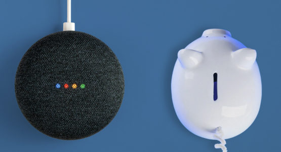 A smart speaker and a piggy bank