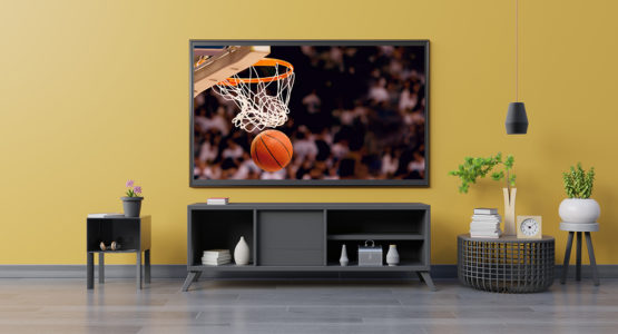 Basketball game playing on a television