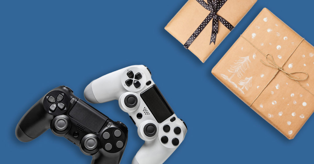 Video game remotes and wrapped holiday gifts