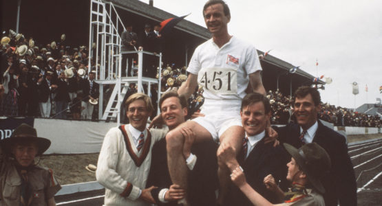 Chariots of Fire movie photo of race celebration