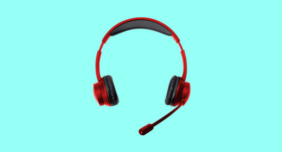 A red colored headset with microphone