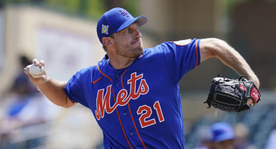 New York Mets' Max Scherzer pitches in the first inning of a spring training baseball game against the Miami Marlins, in Jupiter, Fl